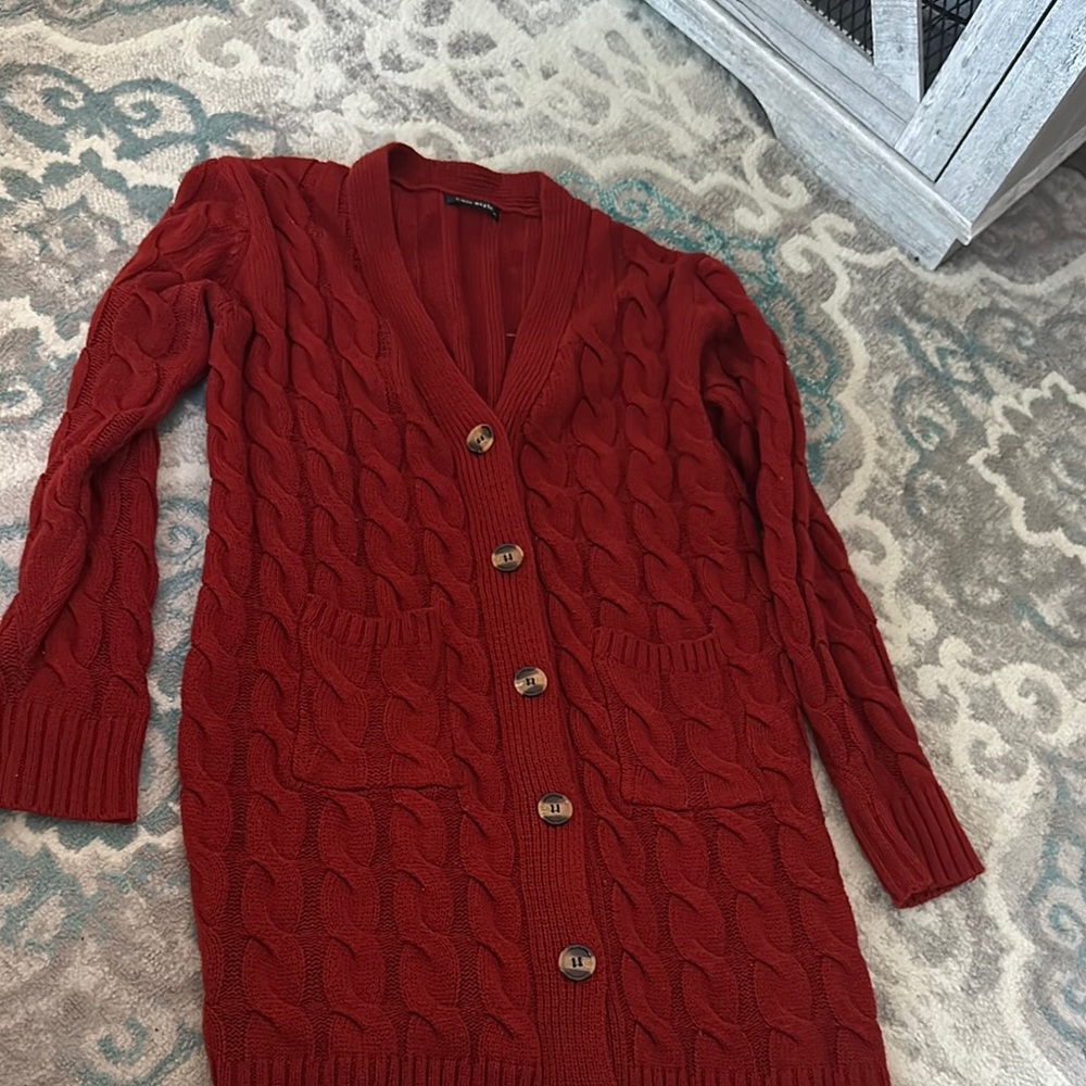 Red Cable Knit Cardigan Sweater